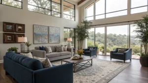 Modern living room with large windows, stylish furniture, and outdoor view, showcasing outdoor window treatments for enhanced living space.