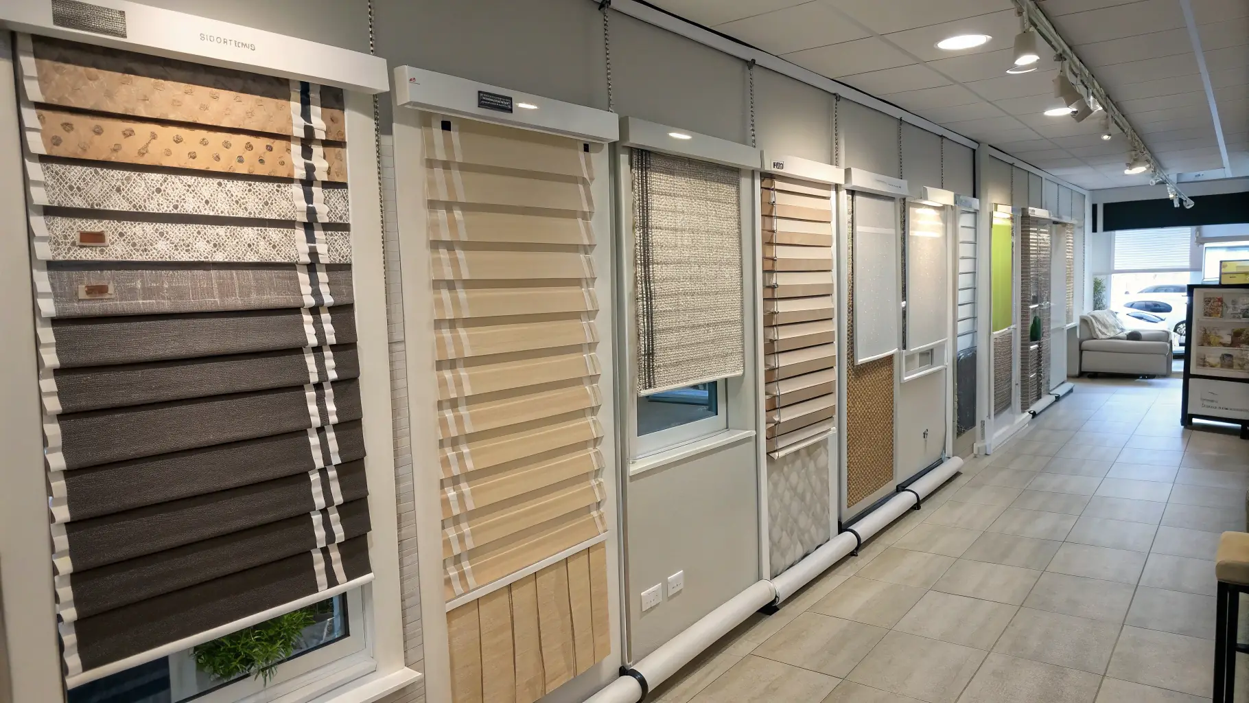 Display of various window treatment samples in a showroom, showcasing different styles and textures of blinds, including motorized options, emphasizing outdoor and indoor living enhancements.