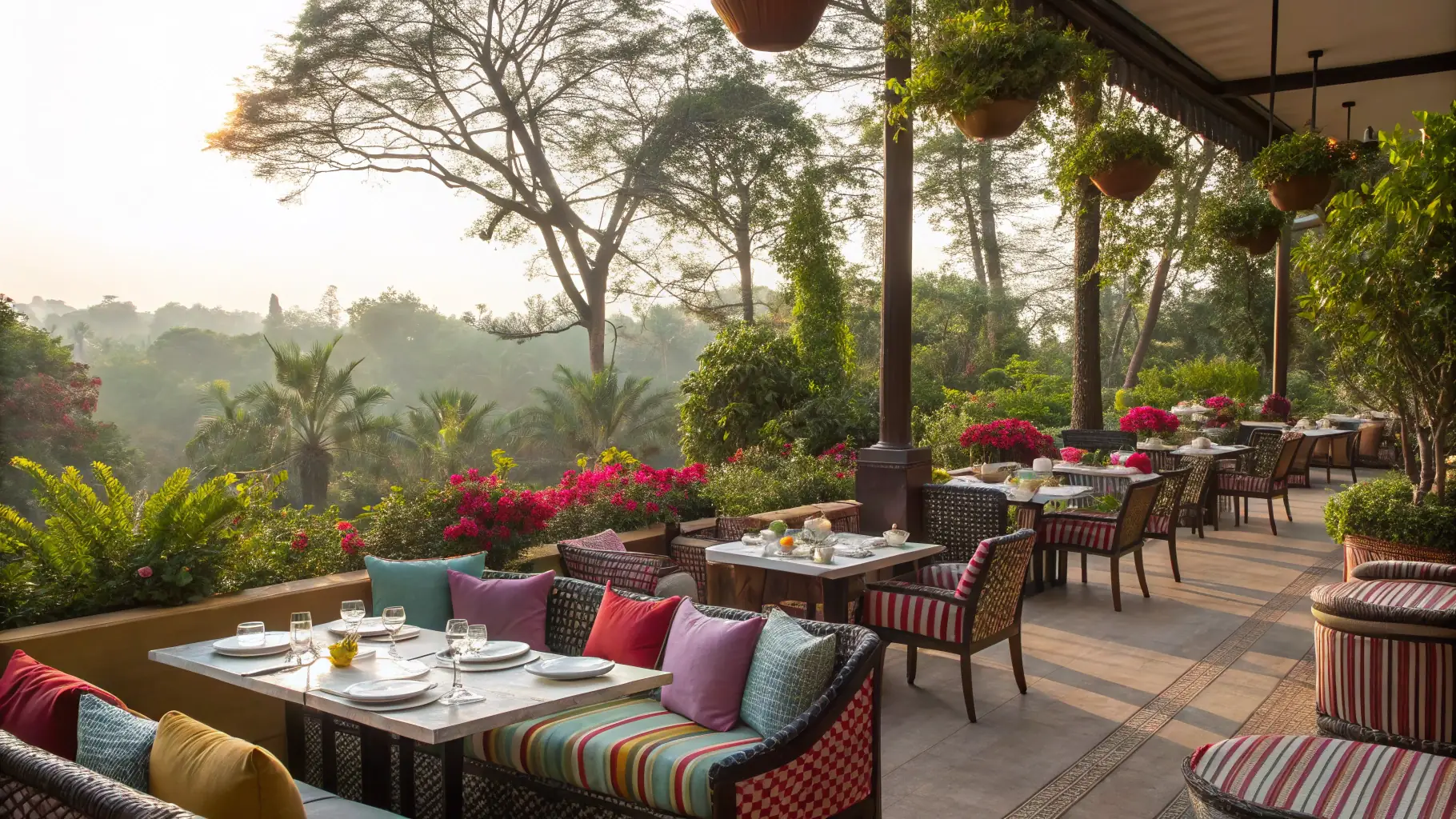 Outdoor dining area with colorful cushions and tables surrounded by lush greenery and blooming flowers, enhancing outdoor living space ambiance.