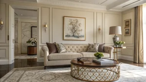 Elegant living room featuring a beige tufted sofa, decorative pillows, a round coffee table with books and a plant, and large windows with stylish window treatments, reflecting the theme of enhancing home decor and functionality.