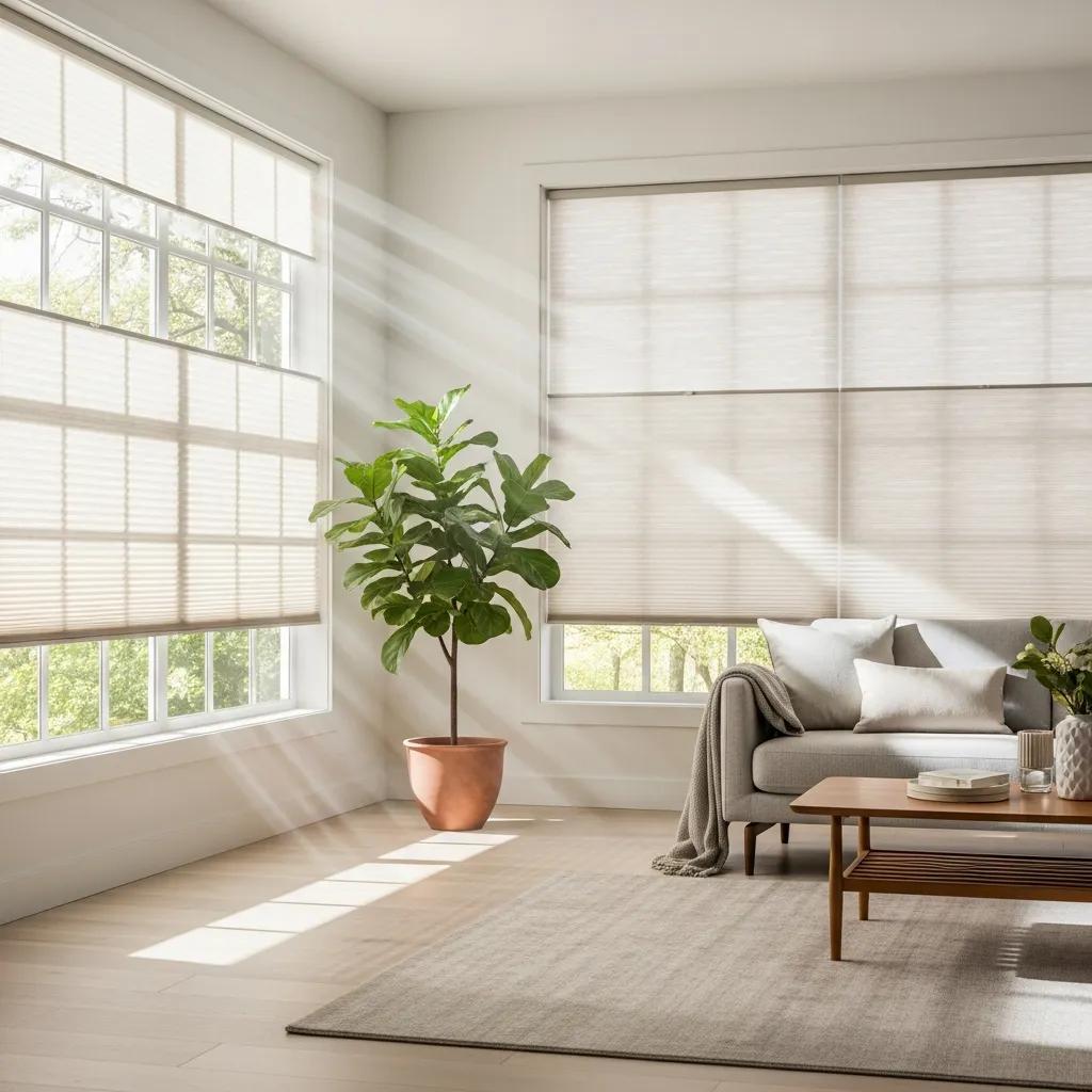 Bright room with energy-efficient honeycomb shades showcasing sunlight filtering through