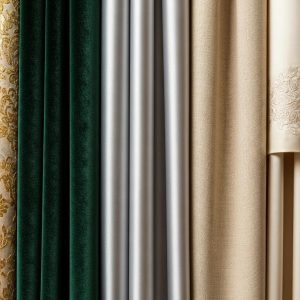 Close-up of luxury curtain fabrics including velvet, silk, and linen in various colors and textures, showcasing elegant designs suitable for high-end window treatments.