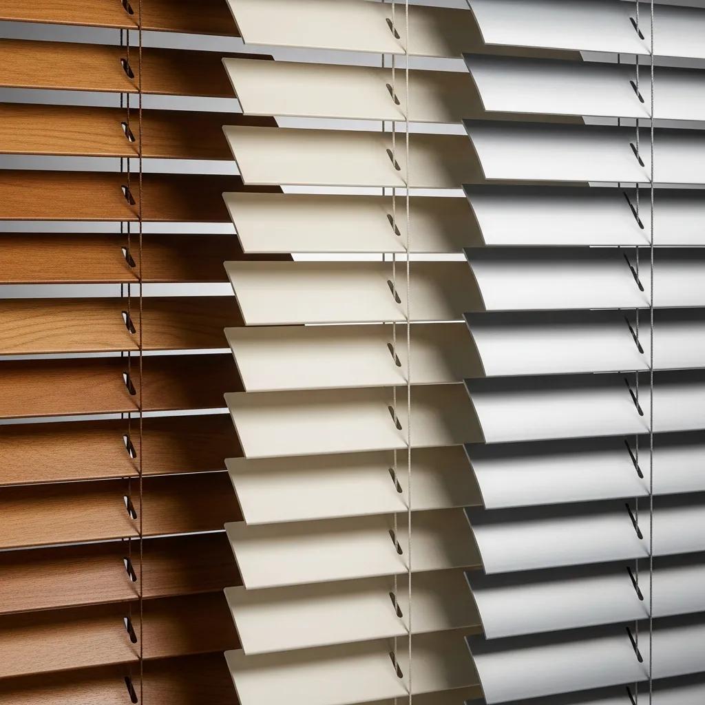 Close-up of wood, faux wood, and aluminum Venetian blinds, highlighting material differences and finishes
