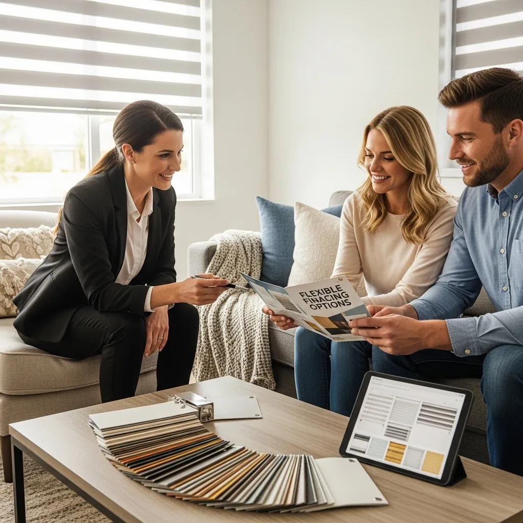 Consultant explaining financing options for custom blinds to a couple in their home