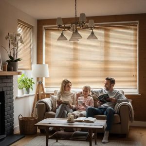 Cozy family living room with custom blinds enhancing comfort and style