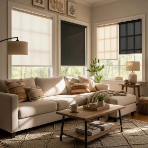 Elegant roller blinds in a cozy living room showcasing light-filtering and blackout options, complemented by a stylish sofa and natural decor elements.