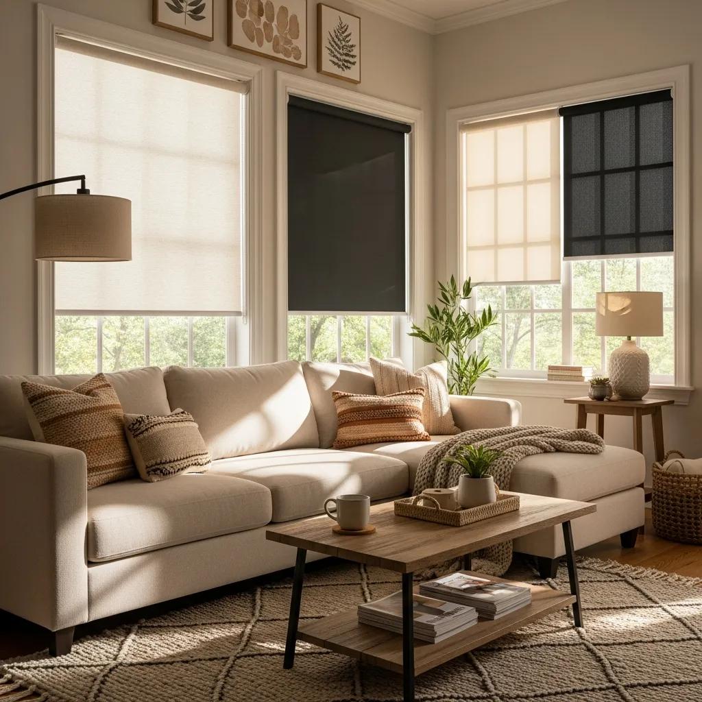 Elegant roller blinds in a cozy living room, showcasing light-filtering and blackout options