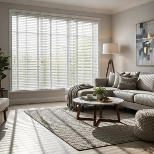 Elegant Venetian blinds in a bright living room, showcasing light control and privacy features
