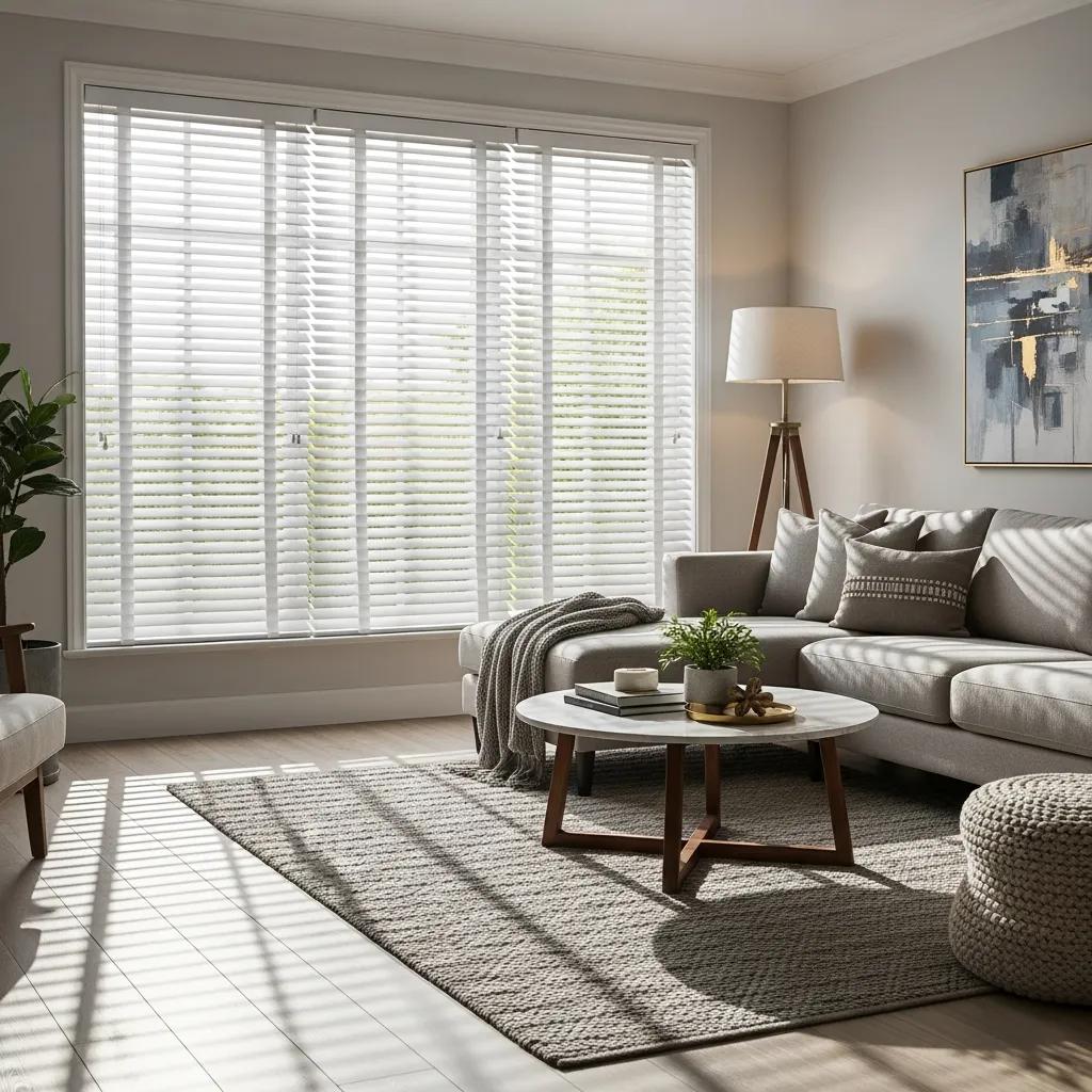 Elegant Venetian blinds in a bright living room, showcasing light control and privacy features