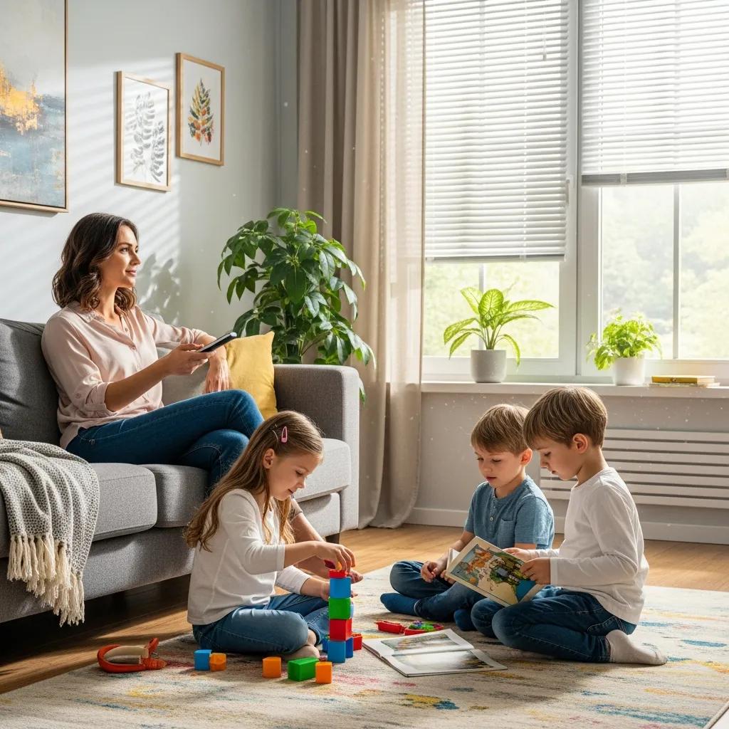 Family using motorized blinds safely, showcasing accessibility and child-friendly design