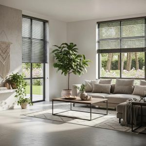 Modern living room with motorized blinds allowing natural light, showcasing comfort and style