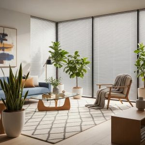 Modern living room with smart motorized blinds showcasing natural light and stylish decor