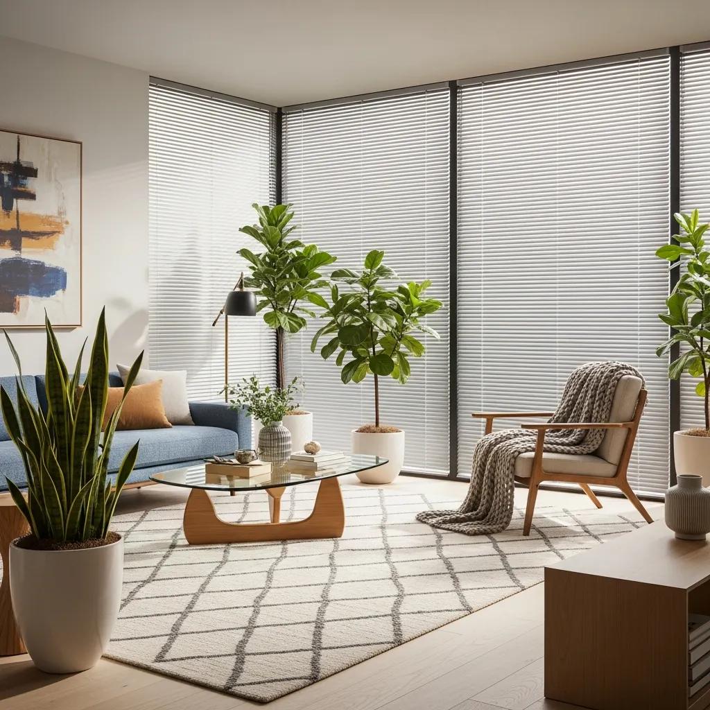 Modern living room with smart motorized blinds showcasing natural light and stylish decor