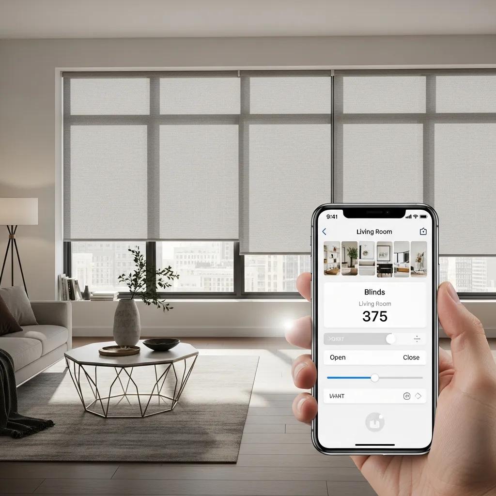 Modern living space with motorized roller blinds controlled by a smartphone app