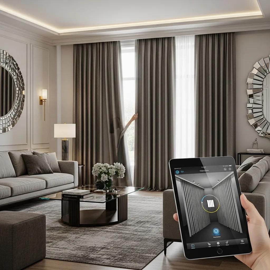 Motorized luxury curtains in a modern living room &mdash; smart home integration and convenience