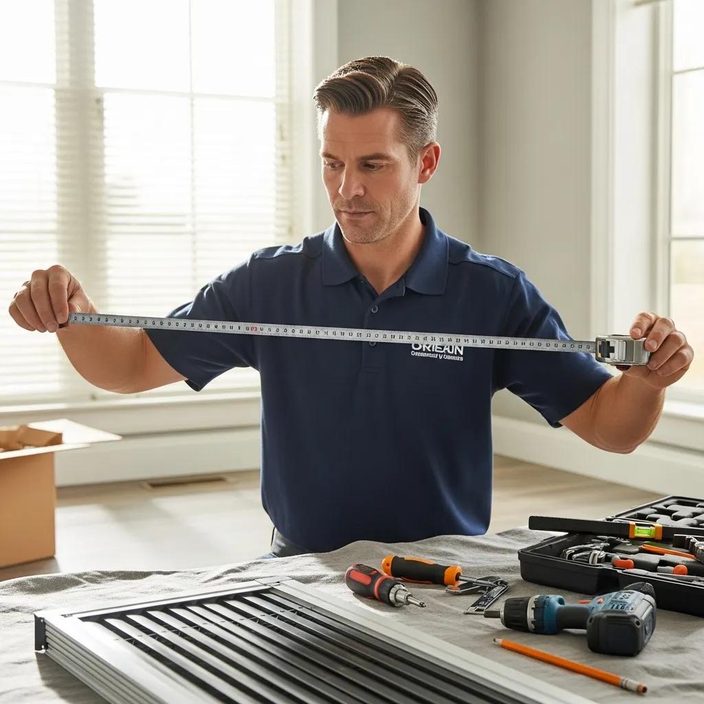 Professional installer measuring a window for Venetian blinds installation, showcasing the installation process