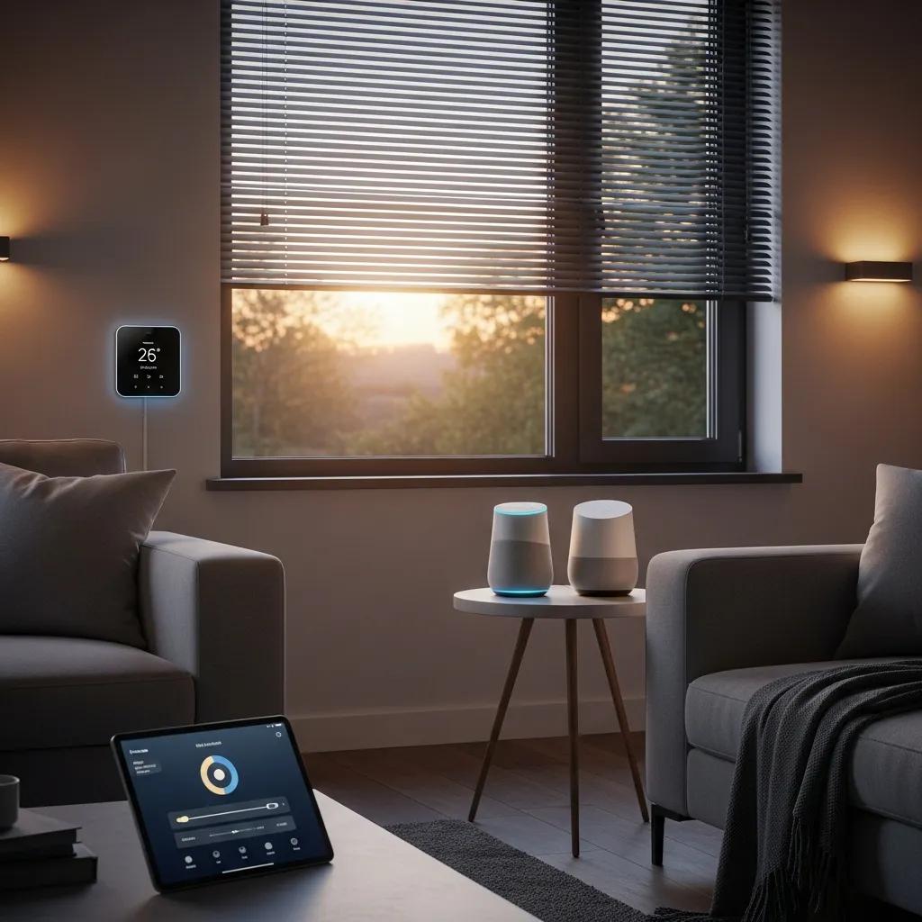 Smart home setup featuring integrated smart motorized blinds, thermostat, and voice assistants