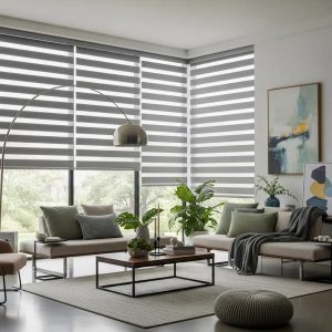Stylish zebra blinds in a modern living room, featuring natural light filtering through, complemented by contemporary furniture and decor elements.