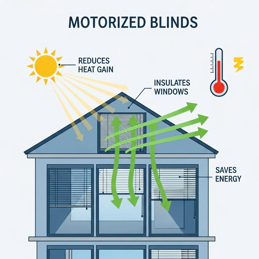 Visual representation of energy efficiency benefits of motorized blinds in a home setting