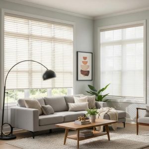 Custom window treatments in a stylish living room with natural light