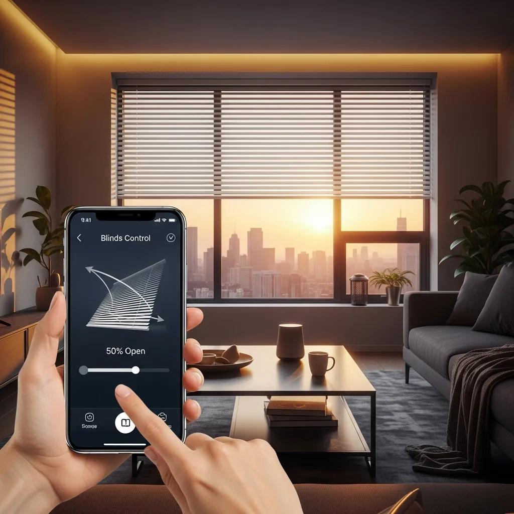 Homeowner controlling motorized blinds with a smartphone in a modern living room