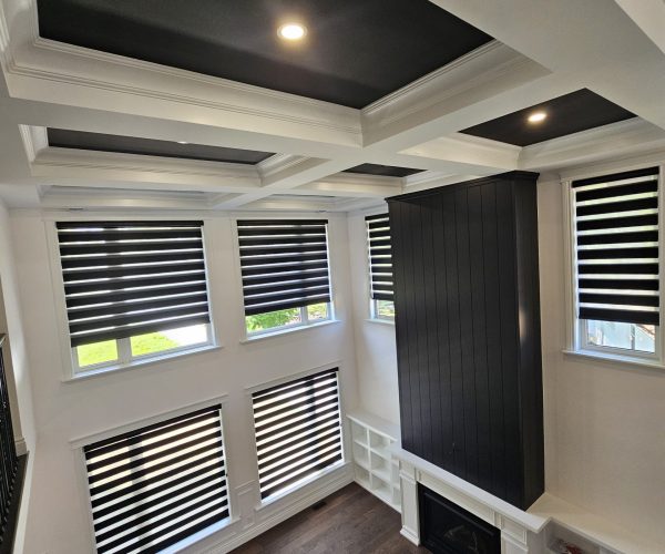 Vertical sheer smart blinds in a modern living room, featuring black and white striped design, providing light control and privacy, complemented by a sleek ceiling and wall decor.